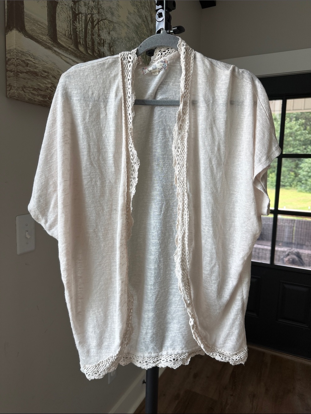 Pink Rose Cream Open-Front Crochet-Trim Women's Top